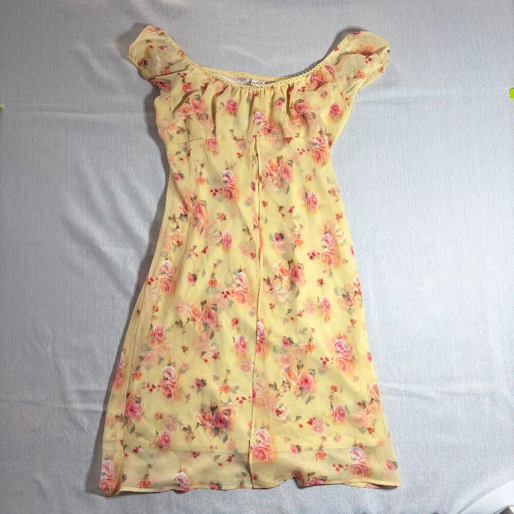Studio Y Yellow Floral Roses Flowers Print Cap-Sleeve Mini Dress Size 11/12